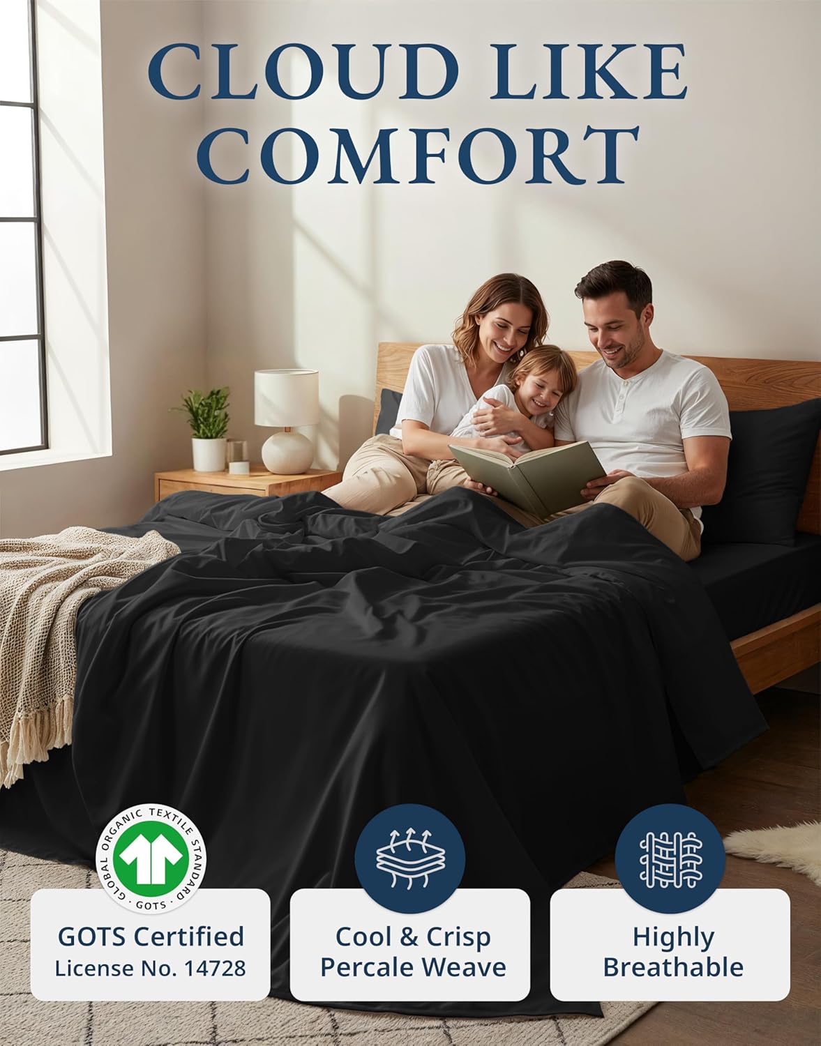 LANE LINEN 100% Organic Cotton Full Sheets Set, 4-Piece Pure Organic Cotton Percale Sheets, Long Staple Cotton Sheet, Ultra Soft Bedding Sheet, Breathable,Fits Mattress Upto 15" Deep - Black