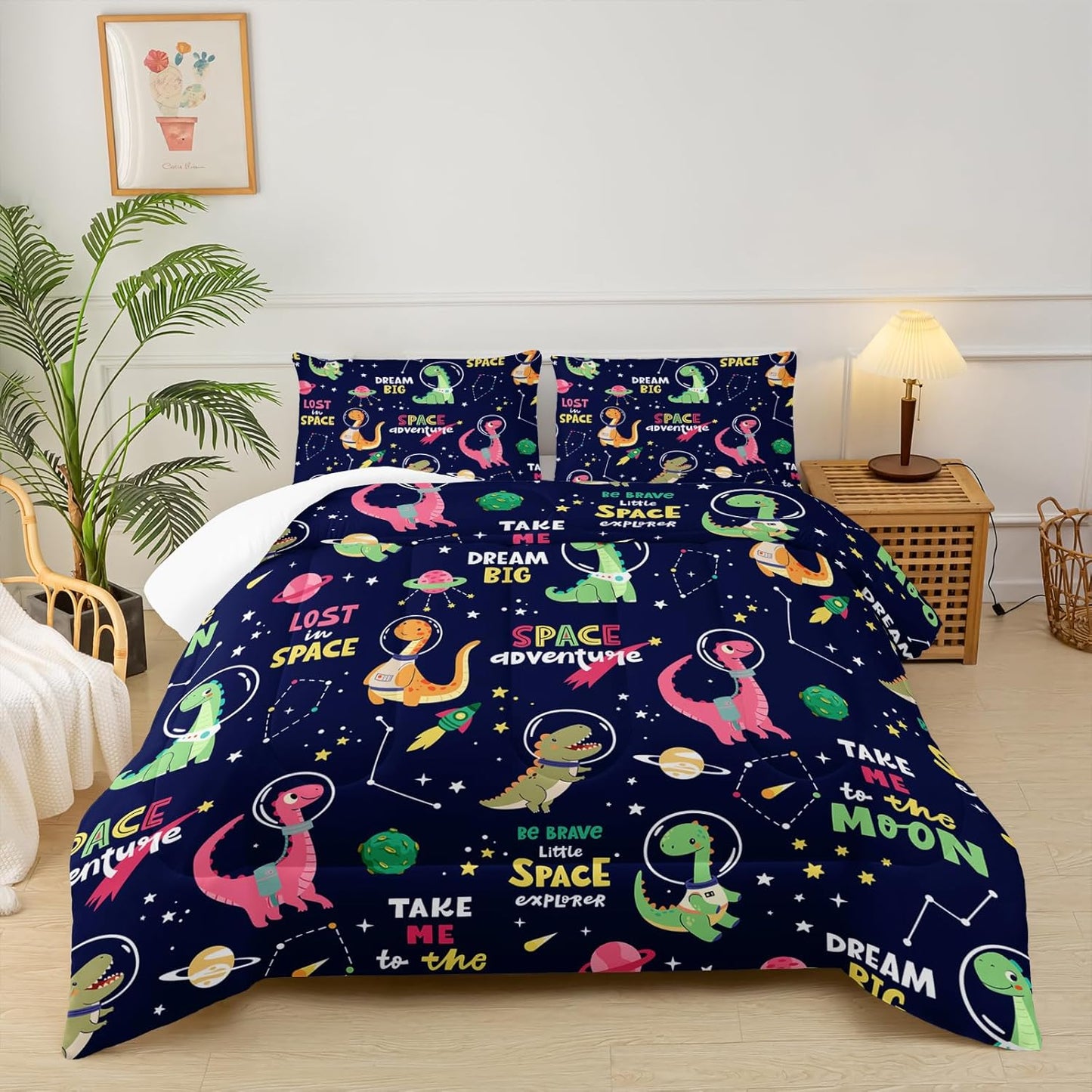 Dinosaurs in Space Full Comforter Set，Full Size Bedding Set for Boys Dinosaurs，with 1 Comforter with 2 Pillow Case