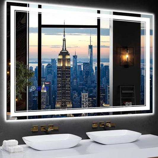 48"x32" LED Bathroom Mirror with Anti-Fog, Stepless Dimmable Lights, 3 Color Modes, Shatter-Proof Tempered Glass, Memory Function & Waterproof Design