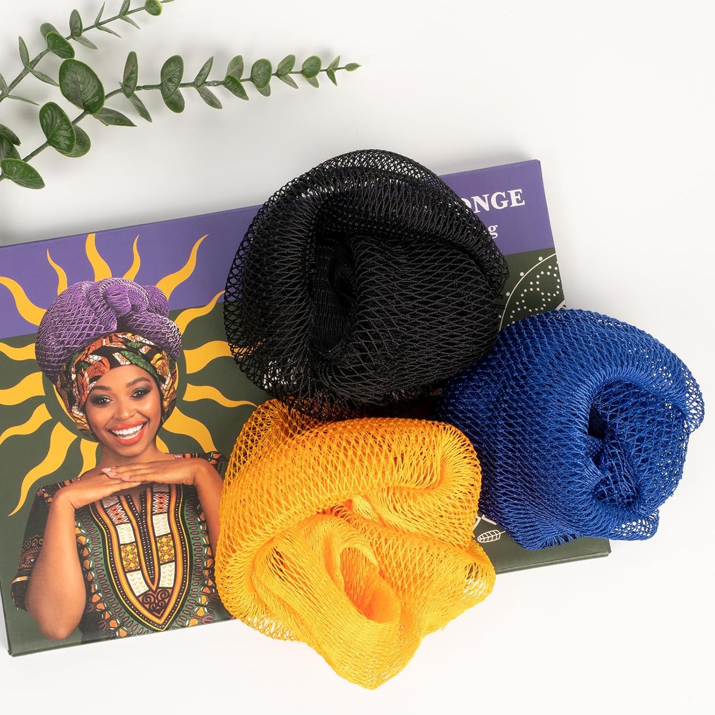 African Net Sponge Authentic 3 Pieces with Storage Bag, African Exfoliating Net Sponge Washcloth, Exfoliating Body Scrubber Bath Sponge Bathing Accessories (Blue & Black & Golden)