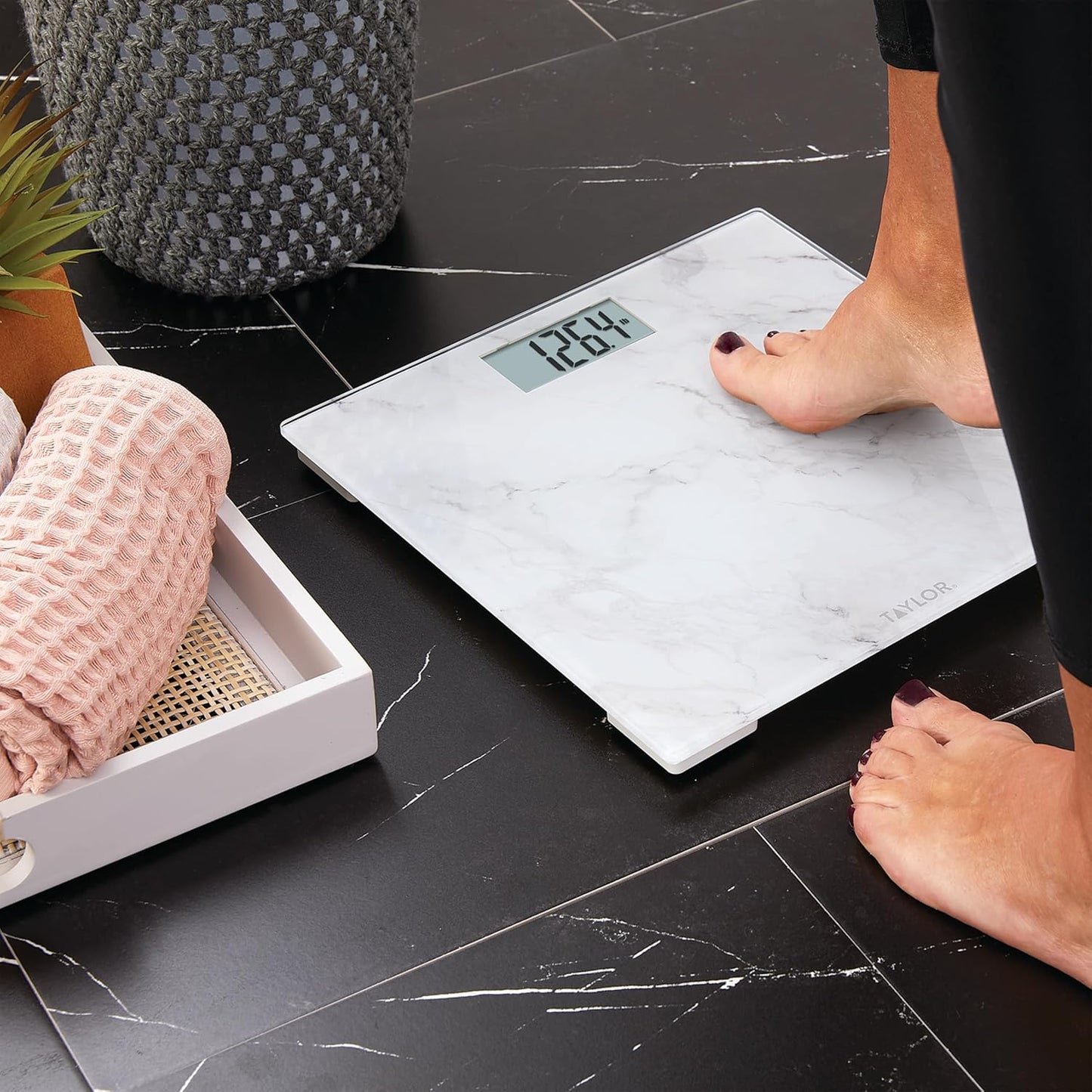 Taylor Digital Glass Marble Bathroom Scale, Scale for Body Weight, Highly Accurate Digital Bathroom Weighing Machine, Battery Powered, FSA HSA Eligible, Measures Weight up to 400 lb Capacity, White