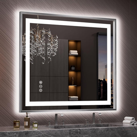 Amorho 40" X36" LED Bathroom Mirror, Brushed Nickel Framed Mirror with Front Light and Backlit, Stepless Dimmable, Anti-Fog, Shatter-Proof, Memory, 3 Colors