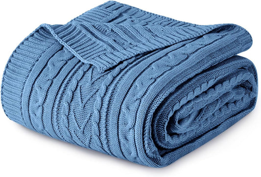 Aormenzy Dusty Blue Cable Knit Throw Blanket Queen Size for Bed Couch Sofa, Super Soft Cozy Knitted Blanket 90" x 90" Bed Blankets Full Size