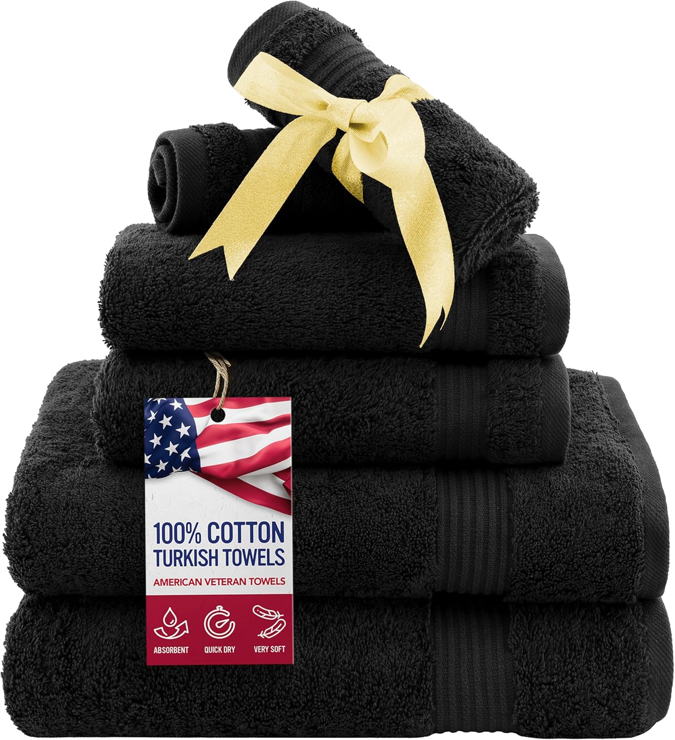 American Veteran Towel, 6 Piece Towel Set for Bathroom, 100% Cotton Turkish Bathroom Towels, 2 Bath Towels 2 Hand Towels 2 Washcloths, Black