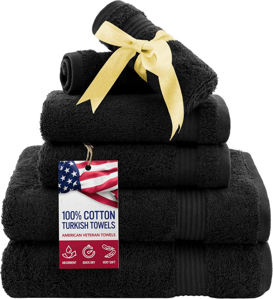 American Veteran Towel, 6 Piece Towel Set for Bathroom, 100% Cotton Turkish Bathroom Towels, 2 Bath Towels 2 Hand Towels 2 Washcloths, Black