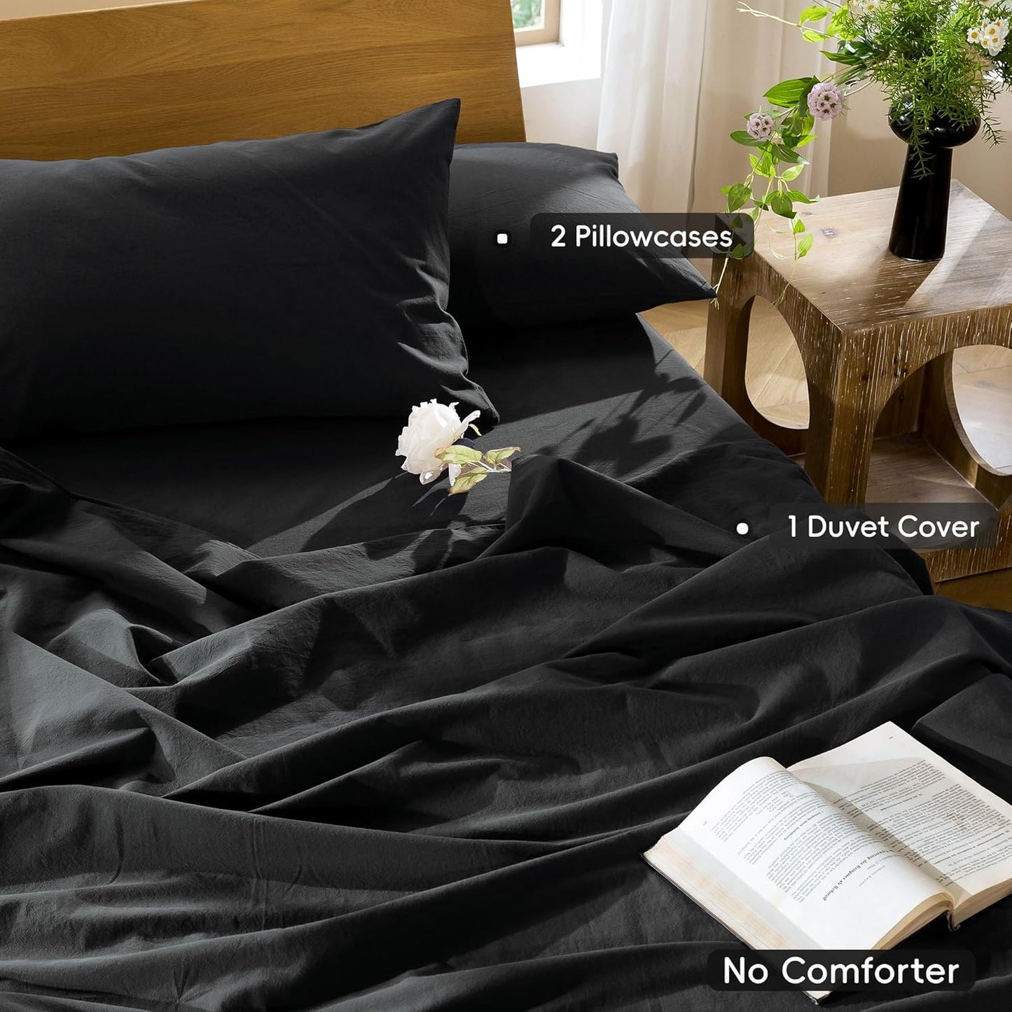 MooMee Bedding Duvet Cover Set 100% Washed Cotton Linen Like Textured Breathable Durable Soft Comfy (Solid Black, Oversized Queen 98"x98")