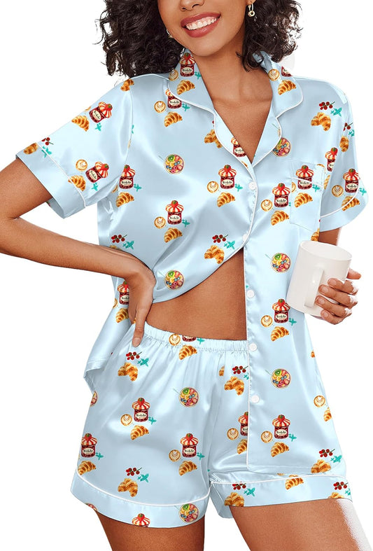 Ekouaer Women's Silk Satin Pajama Set Short Sleeve Pjs Shorts Set Comfy Button Down 2 Piece Sleepwear Loungewear