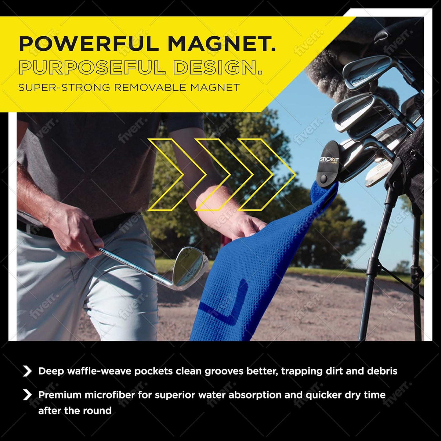 STICKIT Magnetic Golf Towel, Royal Blue, Premium 29" Microfiber with Deep Waffle Pockets, Industrial Strength Magnet Holds Secure to Golf Carts & Clubs, Ultra-Absorbent, Fast-Drying, Easy-Clean Design