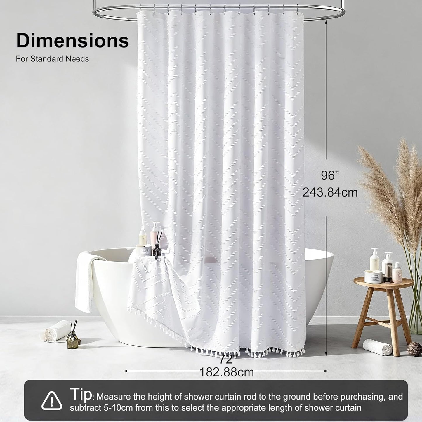 Extra Long White Boho Shower Curtain with Tassel, Woven Fabric 96 in Shower Curtain, Tufted Chevron Striped, 72 x 96, Modern Chic Textured Minimalist Shower Curtains for Bathroom