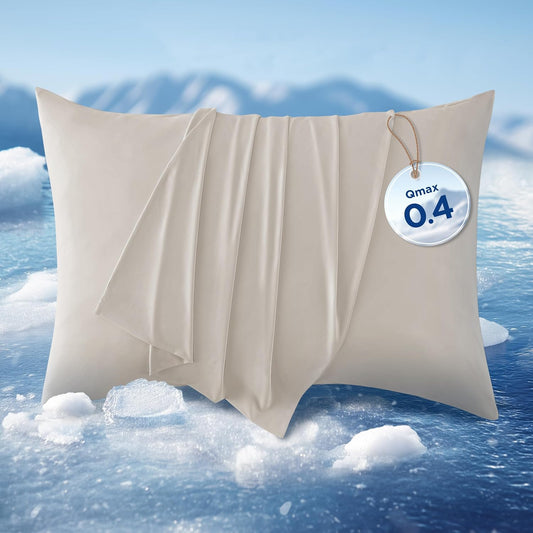 Bedsure Cooling Pillow Cases, Zipper Pillow Cases Queen Size Set of 2, Cool Pillowcases for Hot Sleepers & Night Sweats, Soft & Breathable Cold Pillow Cover for Hair & Skin, Gift, Beige, 20x30 Inches