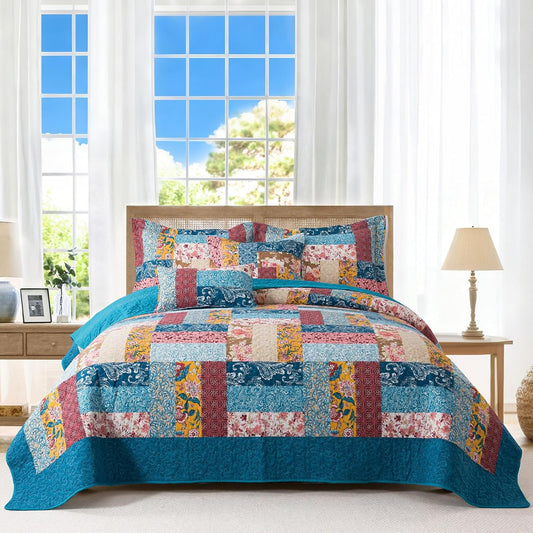 BEDIFANY Cotton Queen Quilt Set - Modern Farmhouse Bedspread with Vibrant Floral Pattern, 3-Piece Lightweight Coverlet (90x98 Inch) + 2 Pillow Shams, All Seasons Multicolor Quilt Bedding Set