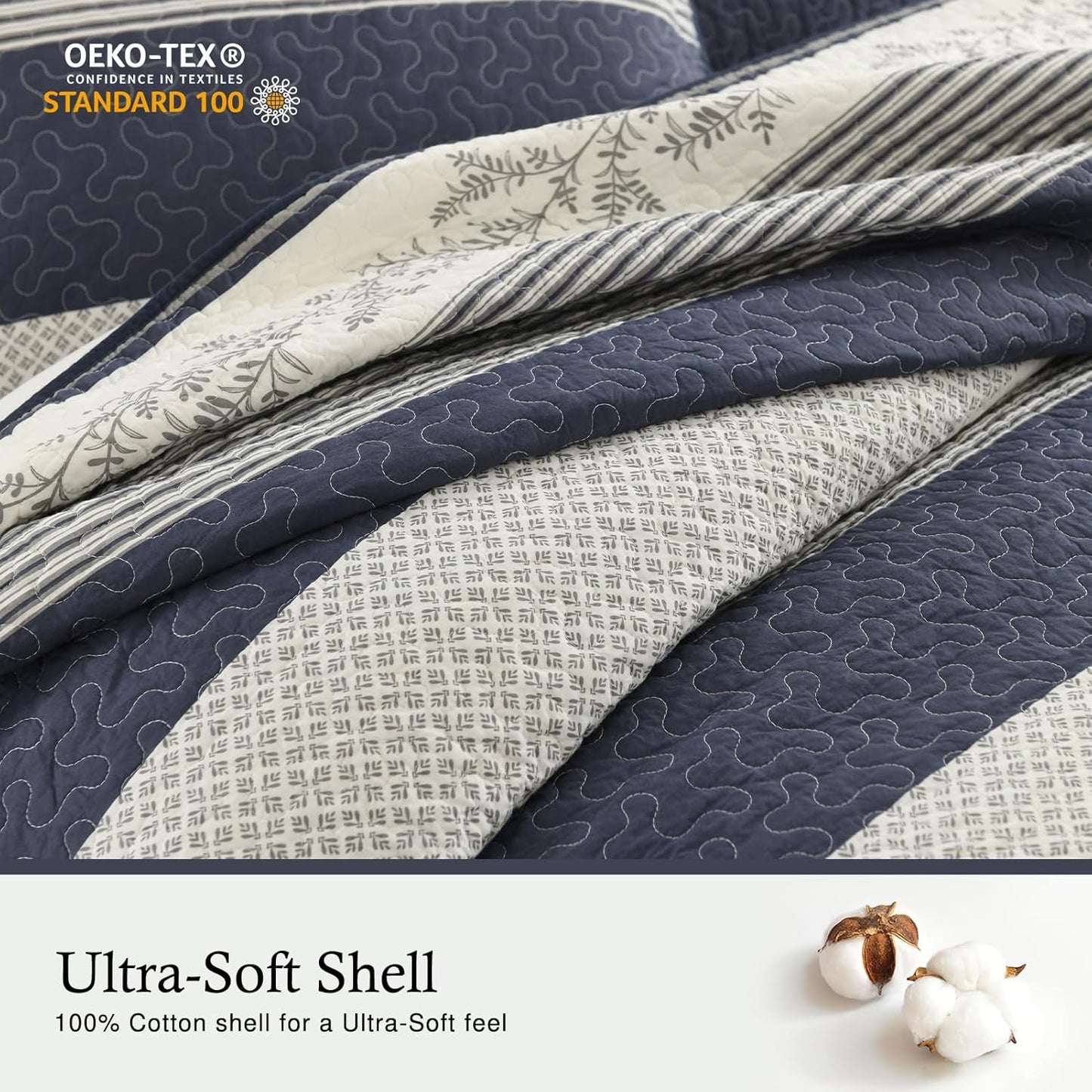 Stripe Queen Quilt Set - 100% Cotton Soft Lightweight 3 Pieces Bedding Set, Vintage Vine Pattern Quilted Bedspread with 2 Pillow Shams, Farmhouse Printed Coverlet for All Season, Navy/Gray