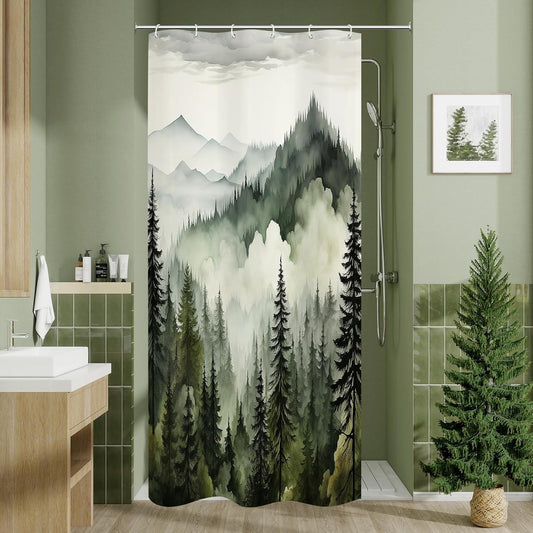 Dark Green Small Stall Misty Pine Forest Shower Curtain 36 x 72, Mountain Foggy Woodland Scenery Tree Narrow Half Size Shower Curtains for Bathroom, Abstract Waterproof Nature-Themed Decor