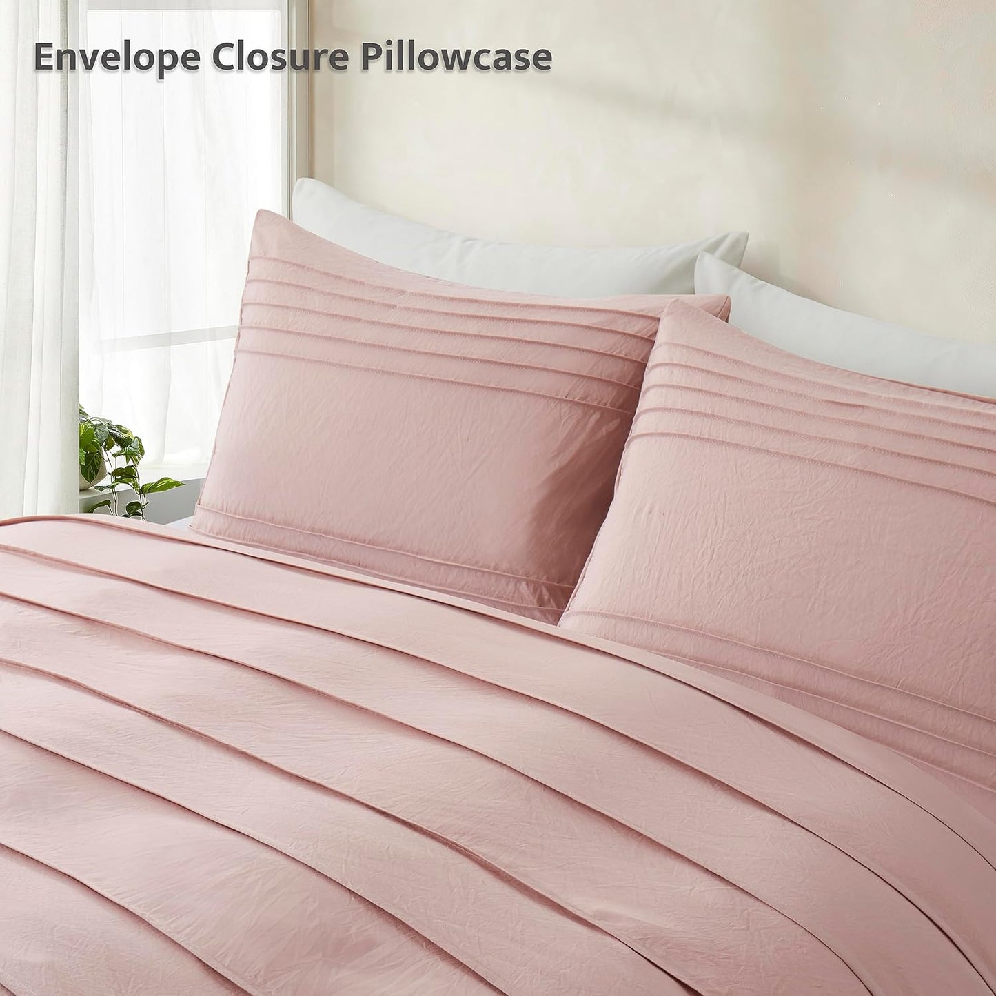 Oli Anderson Misty Rose Duvet Cover Queen Size - Pleated Queen Duvet Cover, 3PCS Soft and Breathable Textured Bedding Set with Zipper Closure(Misty Rose,90"x90")