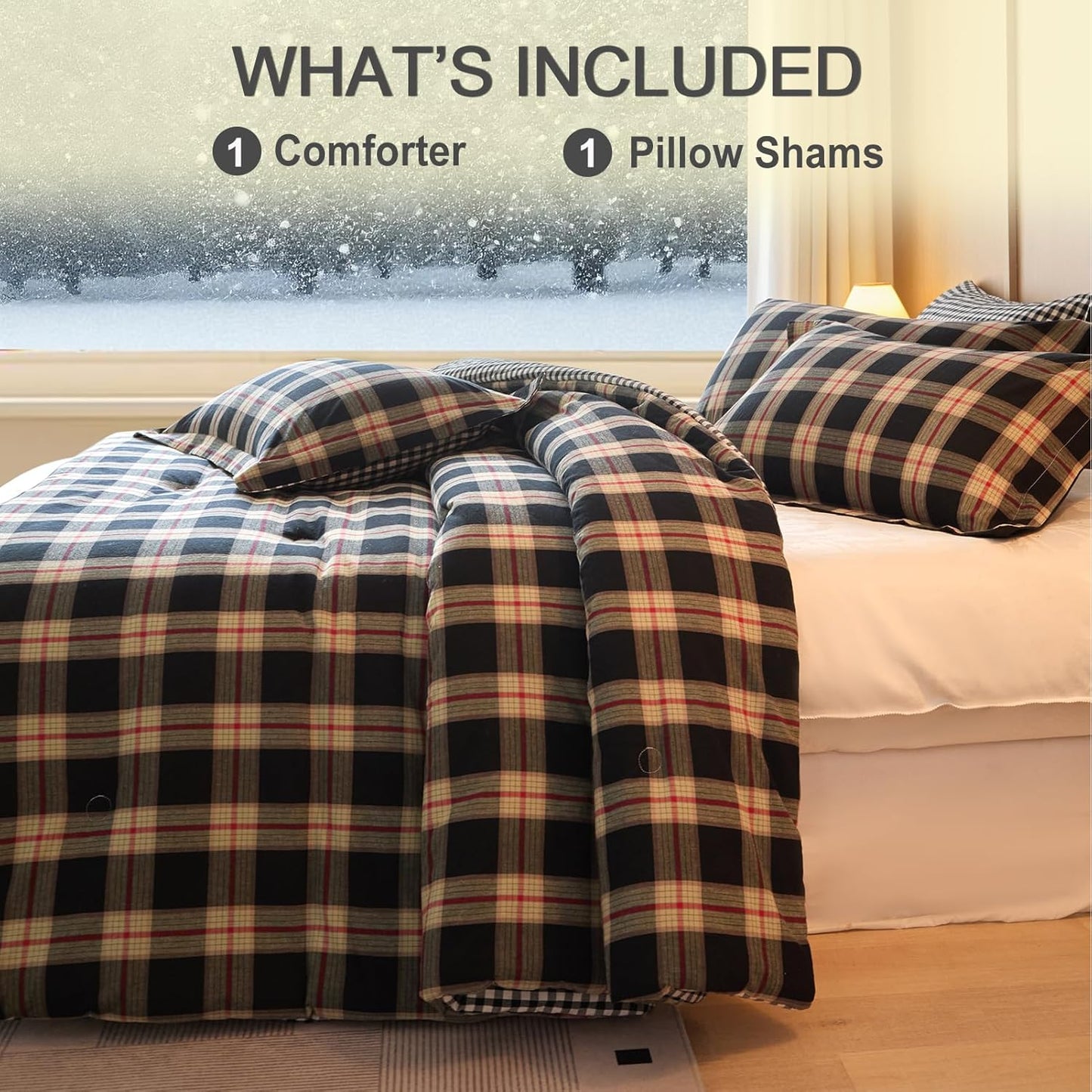 100% Cotton Comforter Set Twin Size – Reversible Yarn-Dyed Checkered Design, Soft Washed Cotton on Both Sides, Lightweight All-Season Bedding, Machine Washable(Black Red Plaid, 68”x90”)