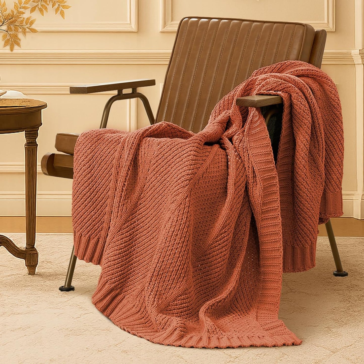 Amélie Home Chevron Chenille Knit Throw Blanket for Couch, Cozy Texture Decorative Soft Blanket for Sofa & Chair, 50"x60", Burnt Orange