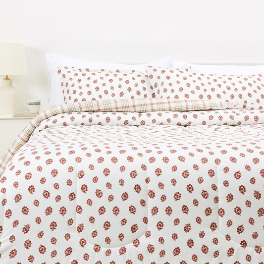 Amazon Basics Lightweight Microfiber Comforter Sets, 3-Pieces, Off White, Floral, King