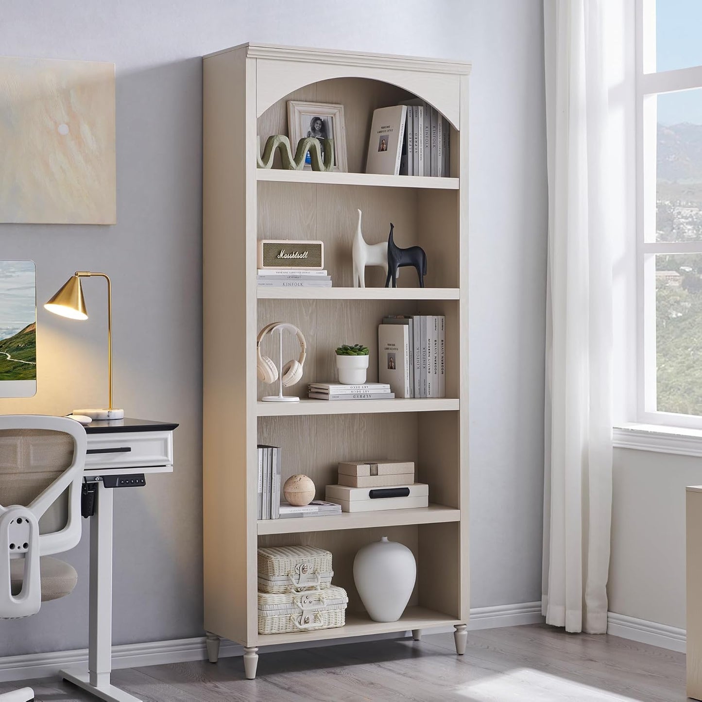 76" Tall Arched Bathroom Storage Cabinet, 5 Tiers Large Farmhouse Arched Cabinet w/Adjustable Shelves, Modern Wooden Storage Cabinet for Bathroom, Living Room, Entryway, Study Room (Cream)