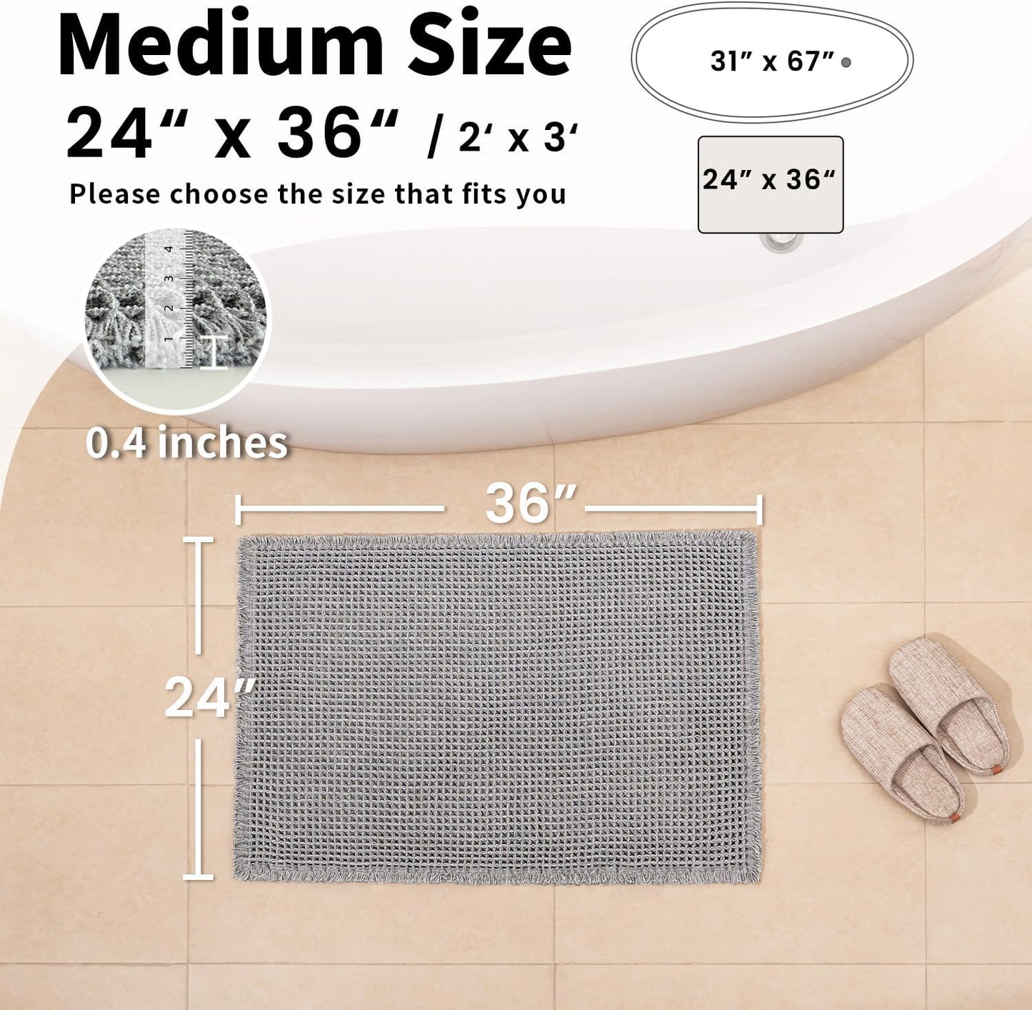 Waffle Bath Mat - Boho Bathroom Rugs Non Slip Washable, Super Absorbent & Quick Dry, Soft Bath Mat Farmhouse Bathroom Decor, 24'' x 36'', Light Grey