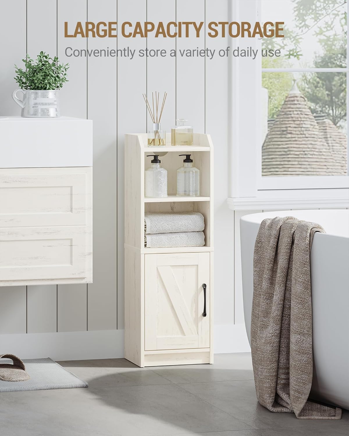 Bathroom Storage Cabinet, Small Farmhouse Corner Floor Cabinet with Door and Shelves, Narrow Toilet Paper Holder Stand, Bathroom Organizer with Adjustable Shelf, for Small Spaces,Rustic White