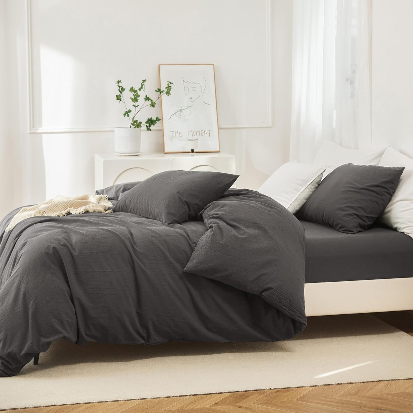 JIYUAN 100% Washed Cotton Duvet Cover Set 2 Pieces Twin, 1 Duvet Cover 68x90 Inches(Comforter Not Included) and 1 Pillowcases,Linen Feel Bedding Set Comfy and Breathable,Solid Dark Grey