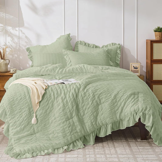 JOLLYVOGUE Sage Green Twin Size Comforter Set, 2 Pieces Seersucker Lightweight Fluffy Bedding Set, Twin Ruffle Comforter, All Season Soft Microfiber Shabby Chic Bed Set
