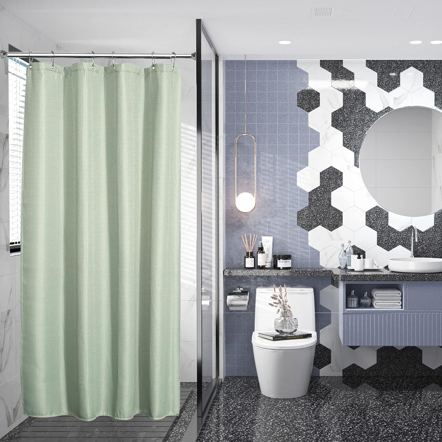 AmazerBath Waffle Stall Shower Curtain, Sage Green Shower Curtain Fabric, Hotel Quality Bathroom Shower Curtains, Heavy Duty, 36 x 72 Inches