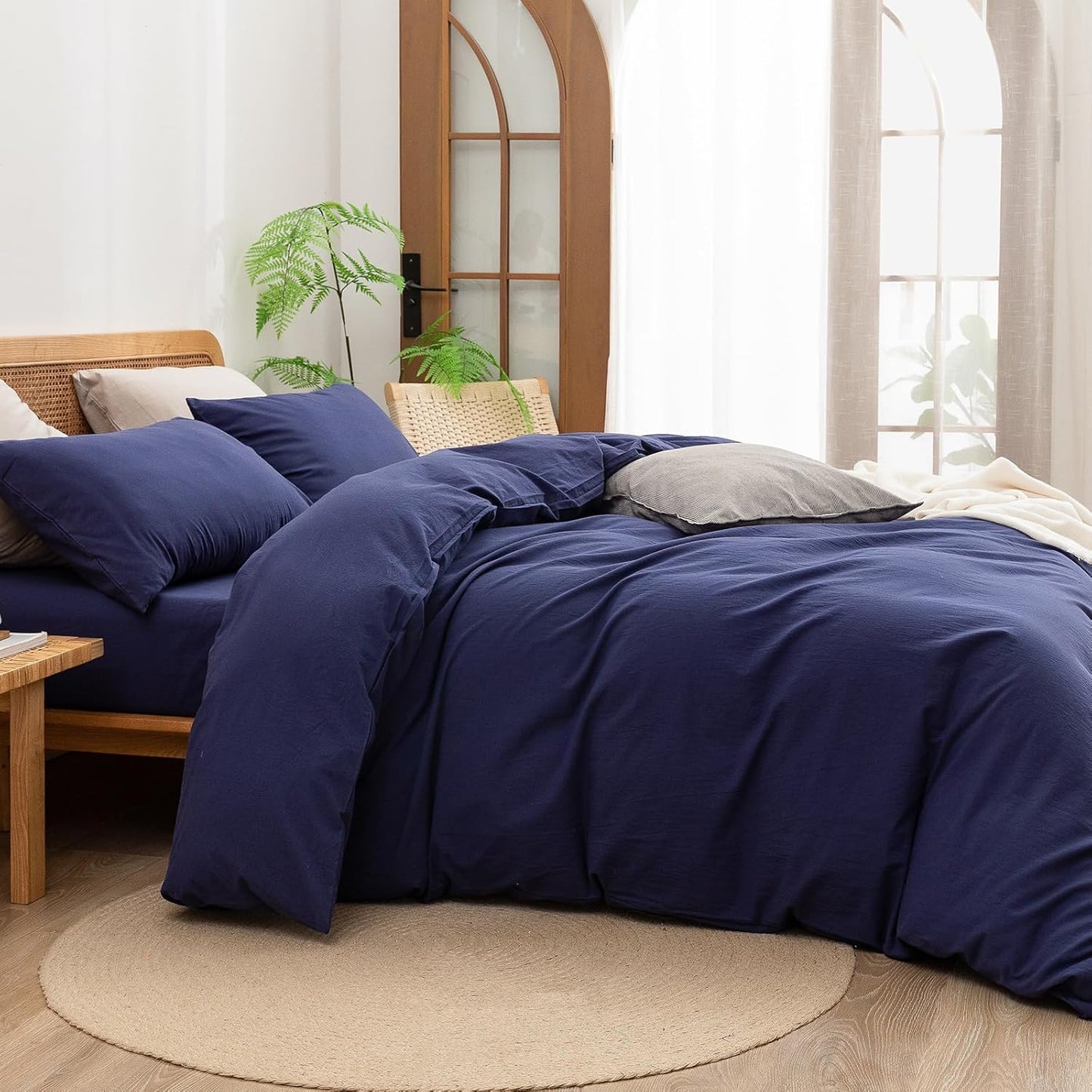 BESTOUCH Duvet Cover Set 100% Washed Cotton Linen Feel Super Soft Comfortable Chic Lightweight 2 PCs Home Bedding Set Solid Navy Blue Twin/Twin XL