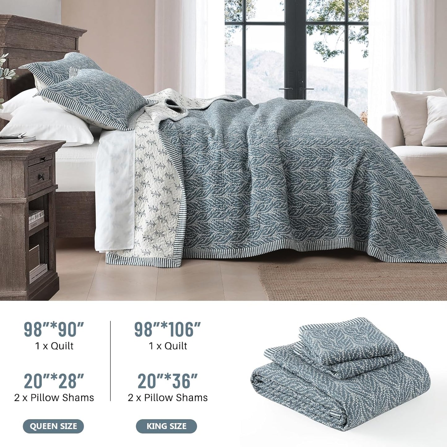Quilt Set King Size - 100% Cotton Blue White Floral Bedspread Bedding Sets, Lightweight Reversible Botanical Pattern Coverlet with 2 Pillow Shams, 3-Piece All Season, 98x106