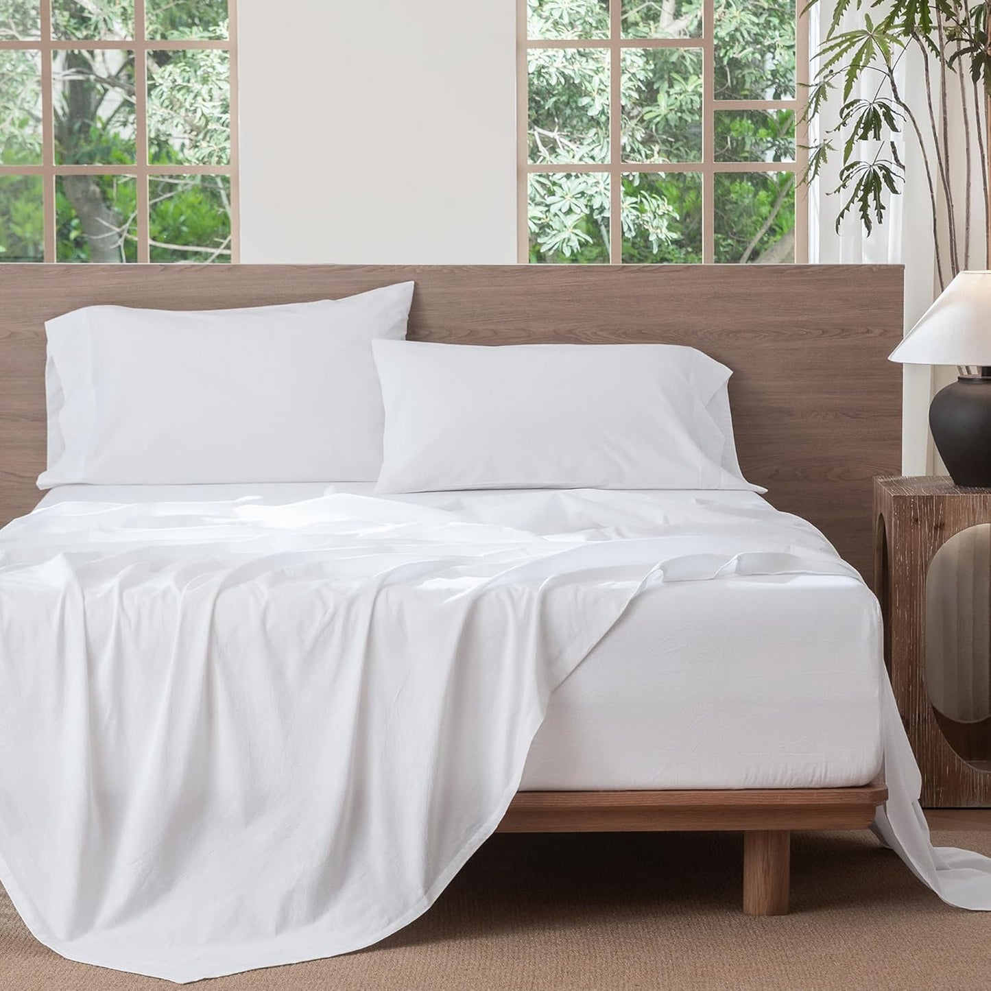 MooMee Bedding Sheet Set 100% Washed Cotton Linen Like Textured Breathable Durable Soft Comfy (Solid Bright White, Split King)