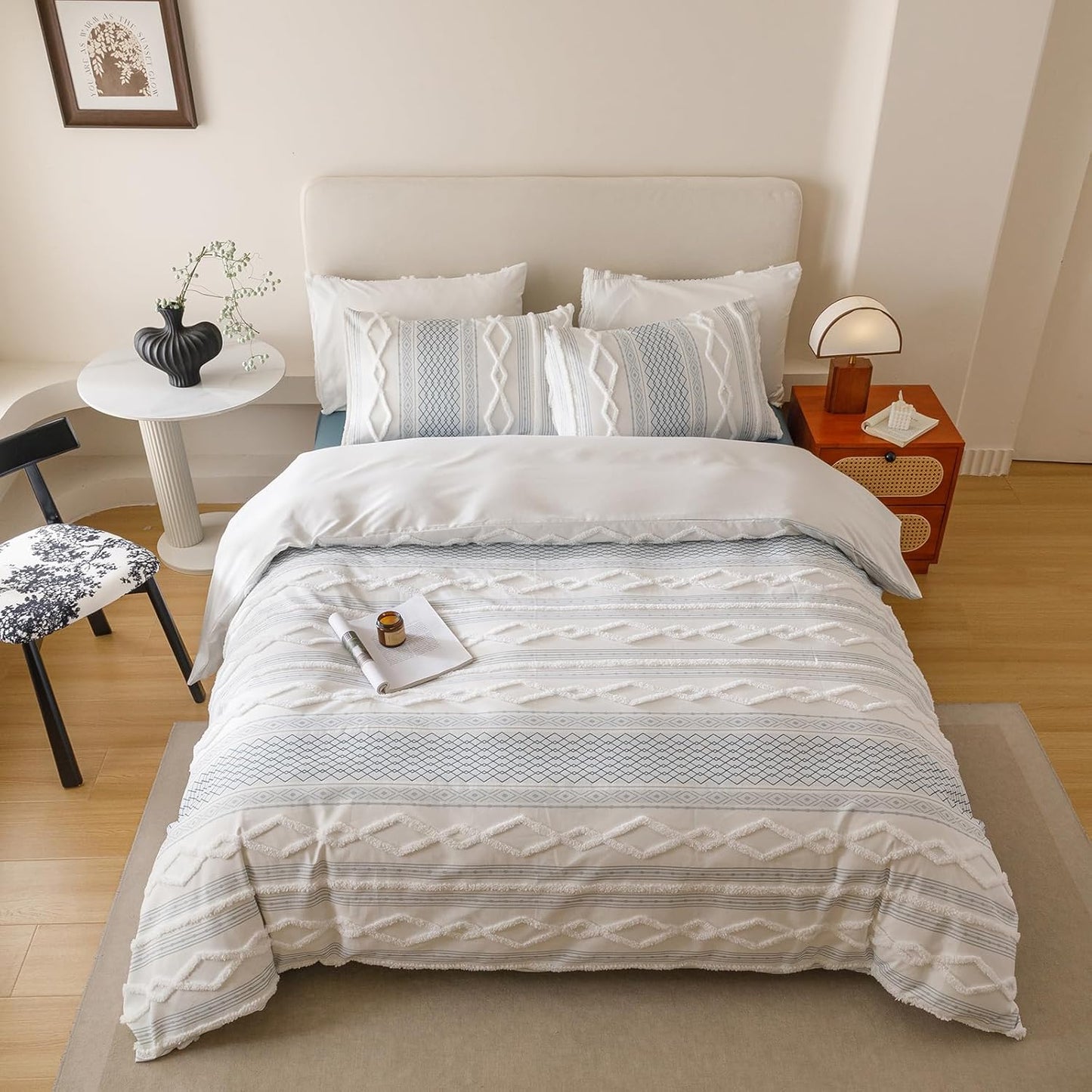 KAREVER Ivory Blue Boho Comforter Set Twin Mixed Textures Jacquard Bedding Set Durable Chic and Stylish Bedroom Set