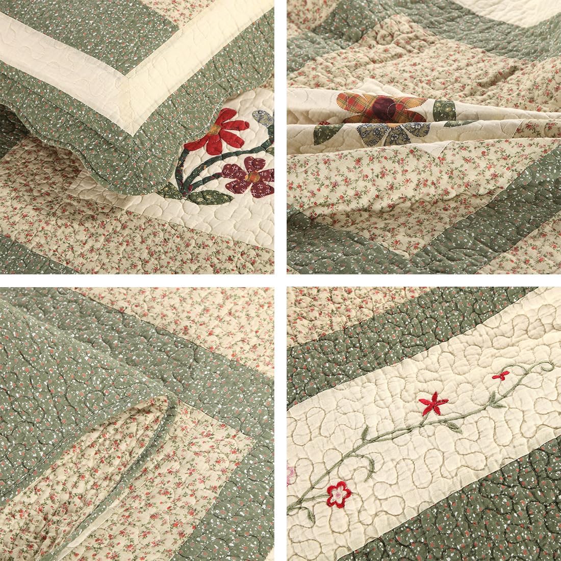 vctops Farmhouse Green 2 Piece Embroidered Floral Quilted Bedspread Quilt Set 100% Cotton Reversible Patchwork Coverlet Set 1 Quilt and 1 Pillow Sham (Green,Twin)