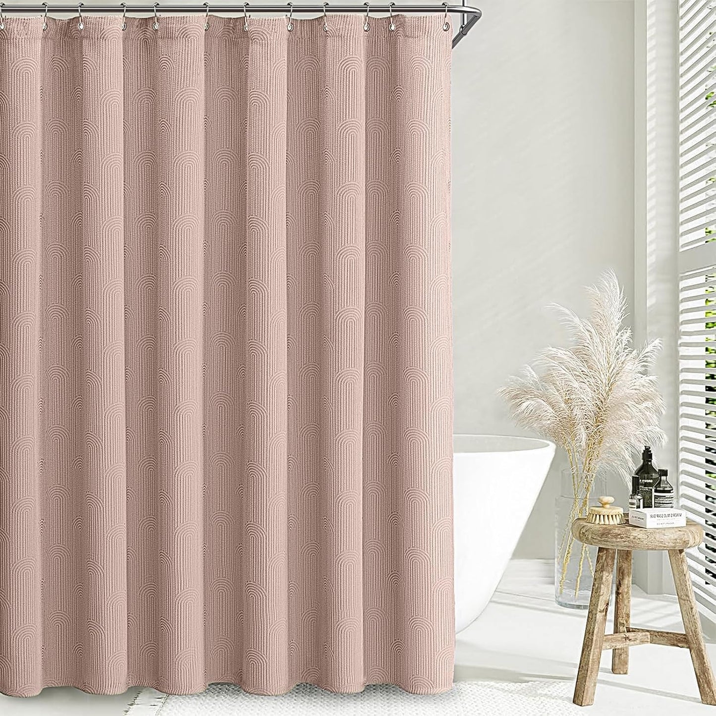 Awellife Boho Shower Curtains for Bathroom Cotton Fabric Touch Pink Bohemian Mid Century Minimalist Arch 72" L X 72" W