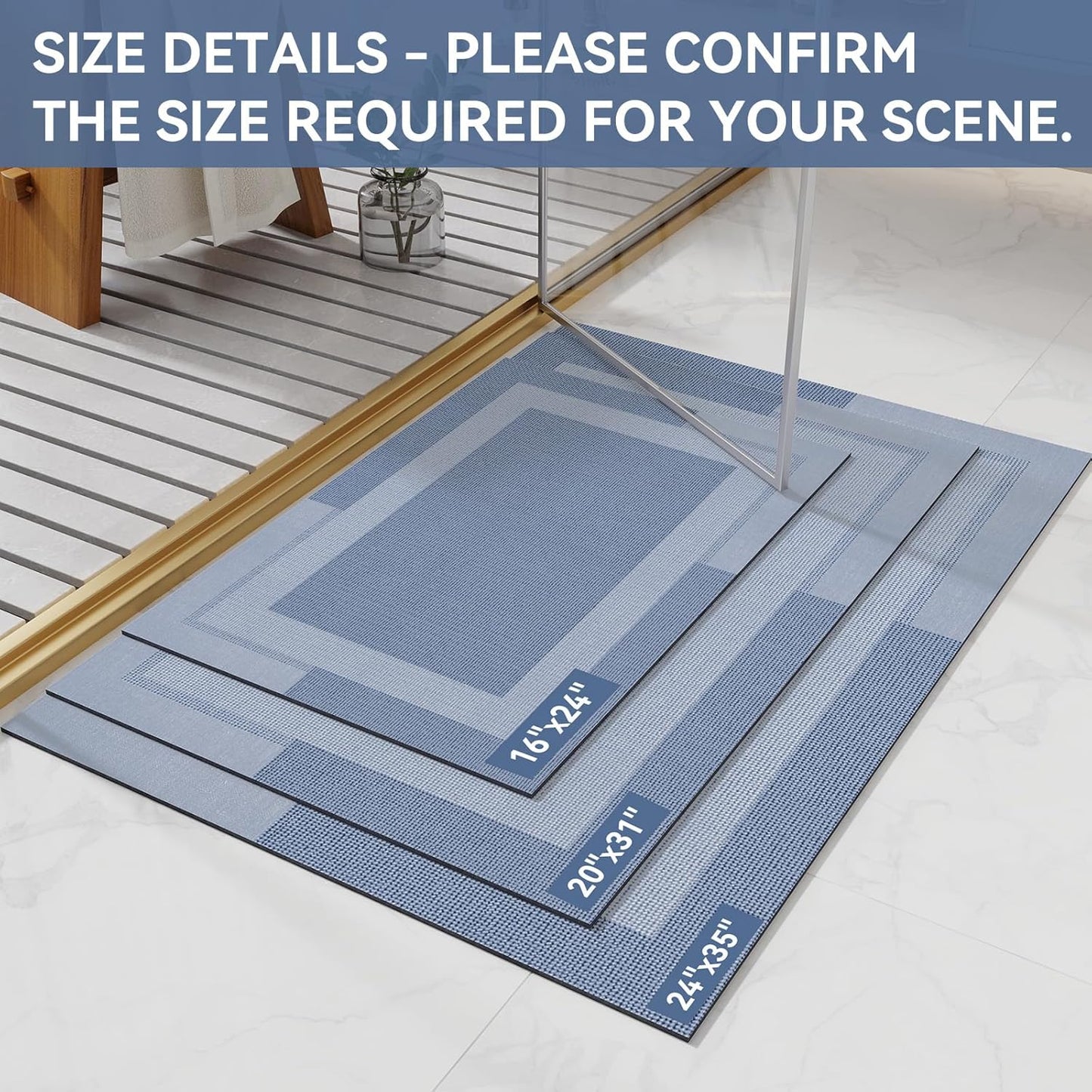 Non Slip Bath Mat, Rubber Backing Ultra Thin Bathroom Rugs Fit Under Door Quick Dry Super Absorbent Washable Bath Rug Shower Mat for Bathroom Floor Bathtub Shower Sink, Easy Care Blue 16"x 24"