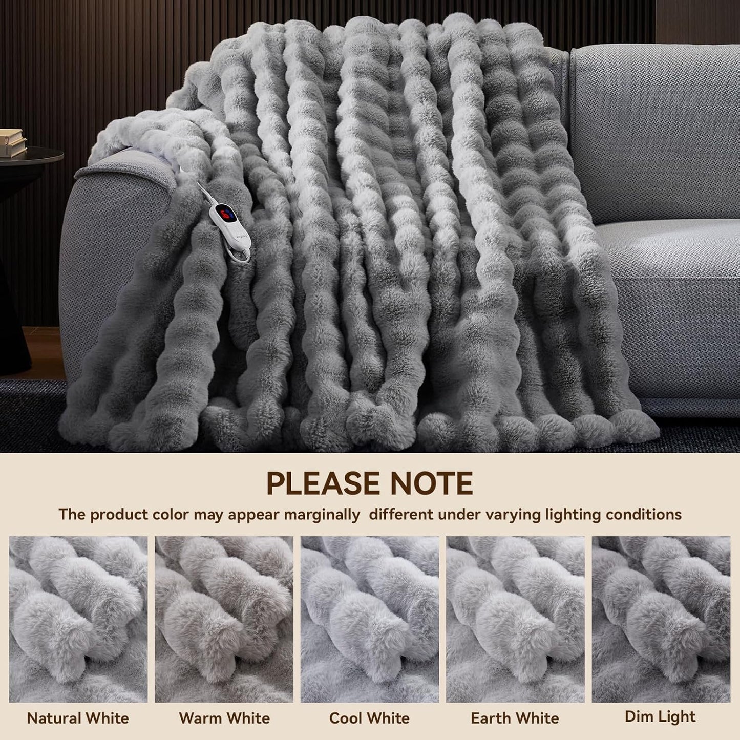 Heated Blanket Queen Size with 1/2/4/6/8 Hours Auto-Off 10 Heat Level, 72'' * 84'' Cozy Faux Rabbit Fur Bubble Electric Blanket with Overheat Protection(Light Grey)