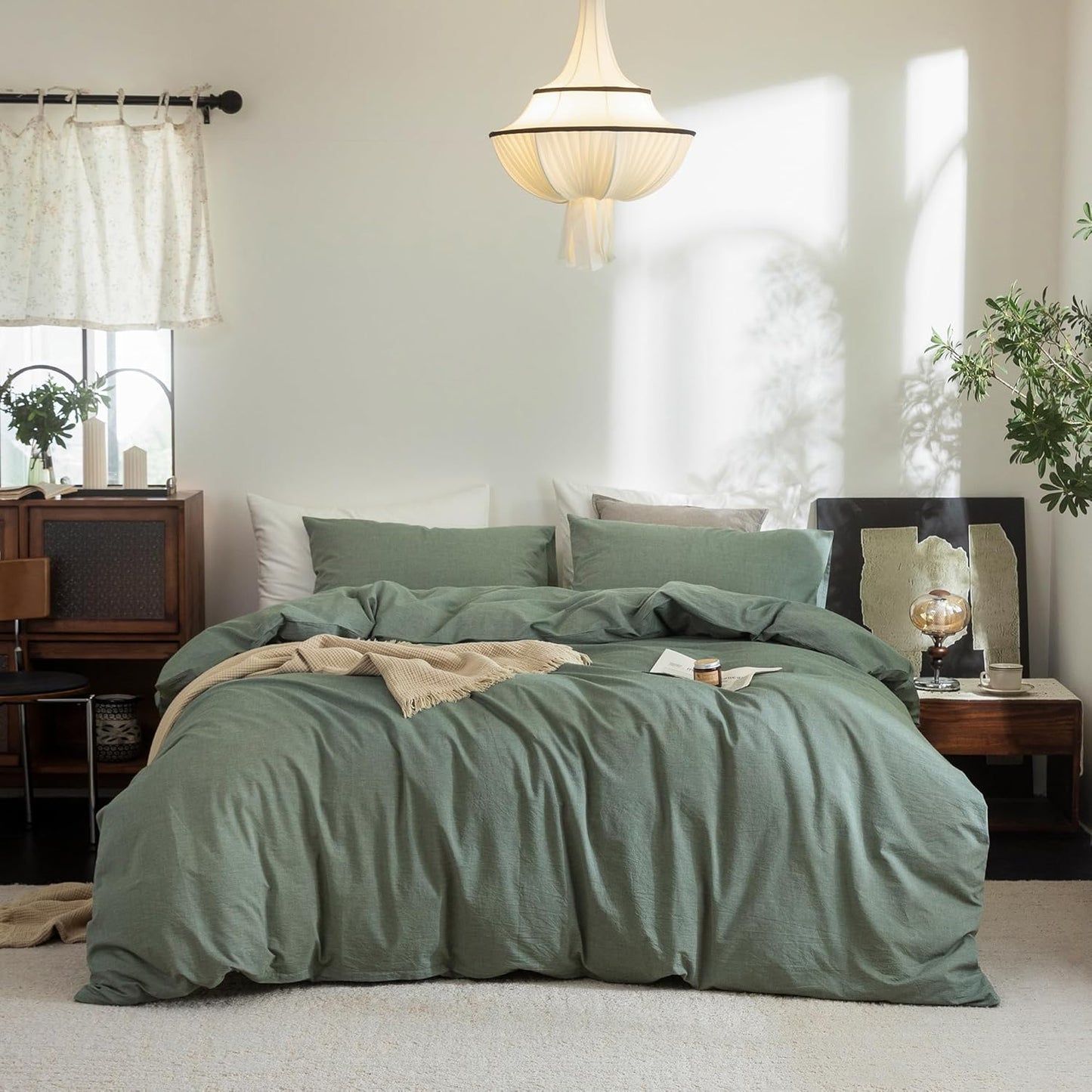 FOSSA Duvet Cover Set 100% Washed Cotton Linen Feel Super Soft Breathable Cozy Simple Style 3 Pieces Bedding Sets Solid Heathered Green Oversized King Plus