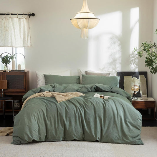 FOSSA Duvet Cover Set 100% Washed Cotton Linen Feel Super Soft Breathable Cozy Simple Style 3 Pieces Bedding Sets Solid Heathered Green California King