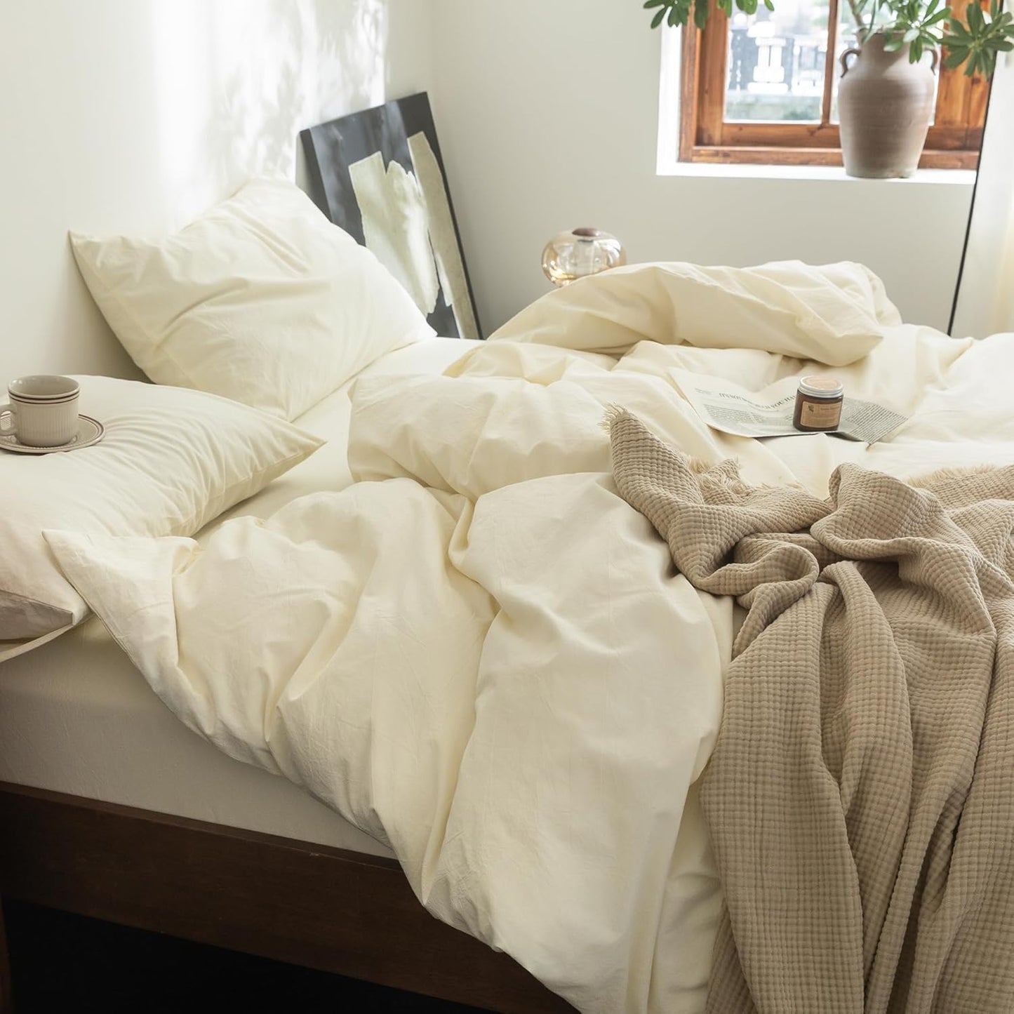 FOSSA Duvet Cover Set 100% Washed Cotton Linen Feel Super Soft Breathable Cozy 3 Pieces Bedding Sets Solid Cream White Super Queen