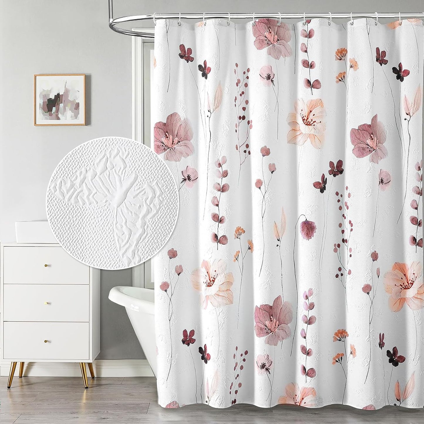 QiyI Long Shower Curtain 72 x 78, Modern Watercolor Floral Shower Curtain, 3D Embossed Pink Brown Flower Cloth Bathroom Curtain, Waterproof Fabric Rustic Farmhouse Shower Curtain Set with Hooks