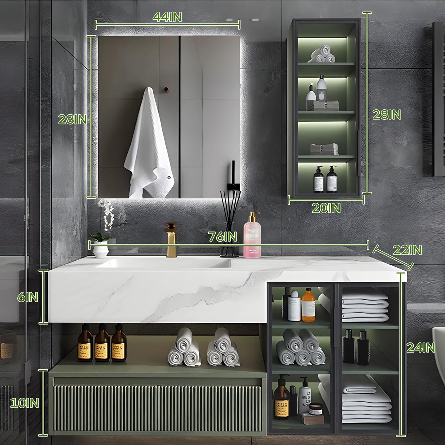 Floating Vanity for Bathroom, 76" Green Bathroom Vanity Set with LED Defog Mirror and Side Medicine Cabinet, Wall Mount Bathroom Storage Cabinet with Glass Door, Single Sink Bath Vanities - Green