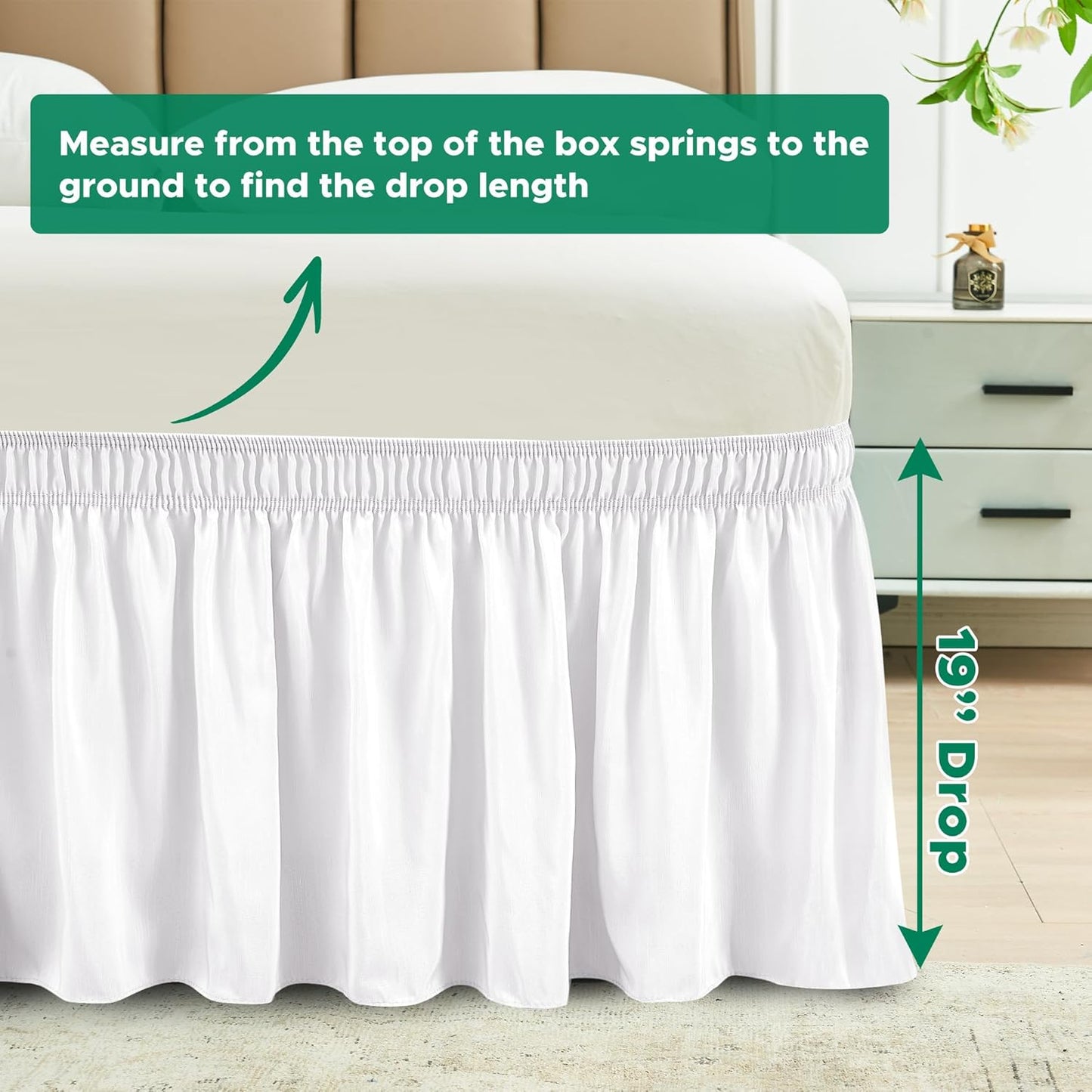 Biscaynebay Wrap Around Bed Skirts for Twin & Twin XL Beds 19" Long Drop, White Adjustable Elastic Dust Ruffles Easy Fit Wrinkle & Fade Resistant Silky Luxurious Fabric Solid Machine Washable