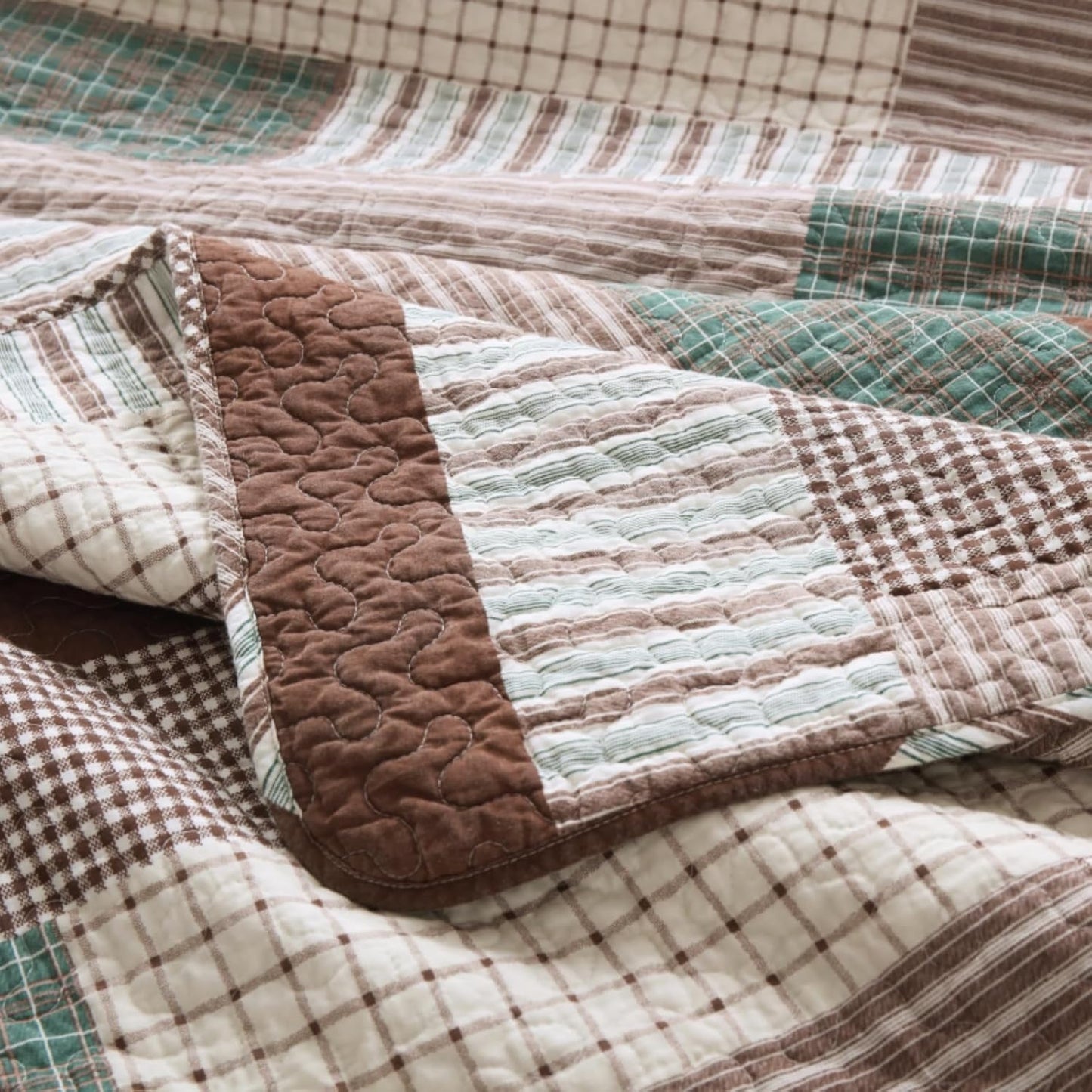 Uniclinens Plaid Quilt Queen Size, 100% Cotton Patchwork Quilt Bedding Set, Brown Lightweight Farmhouse Bedspread/Coverlet/Comforter Set, 3 Pieces Set with 2 Pillowshams, Brown/Green/Cream