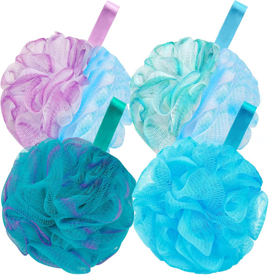 Bath Loofah Shower Sponge Body Back Scrubber Soft Mesh Shower Puffs Exfoliating Loofa for Women & Men Bath Accessories Cleaning Tool (4Pcs 75G, Extra Large)