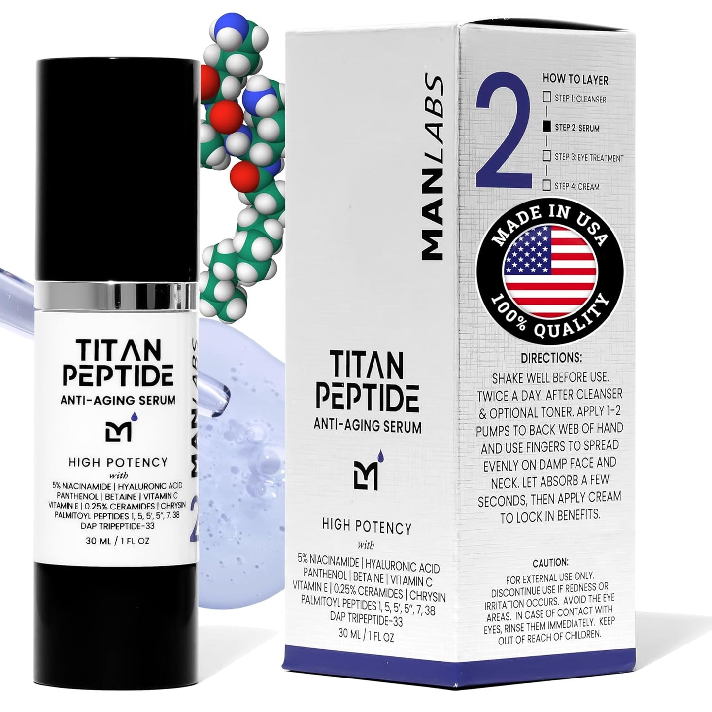Titan Anti-Aging Peptides Serum for Face – High Potency Mens Peptide Serum Moisturizer – Mens Skin Care – Men, Dark Spots, Wrinkles, Fine Lines – Peptides, 5% Niacinamide, HA – Unscented