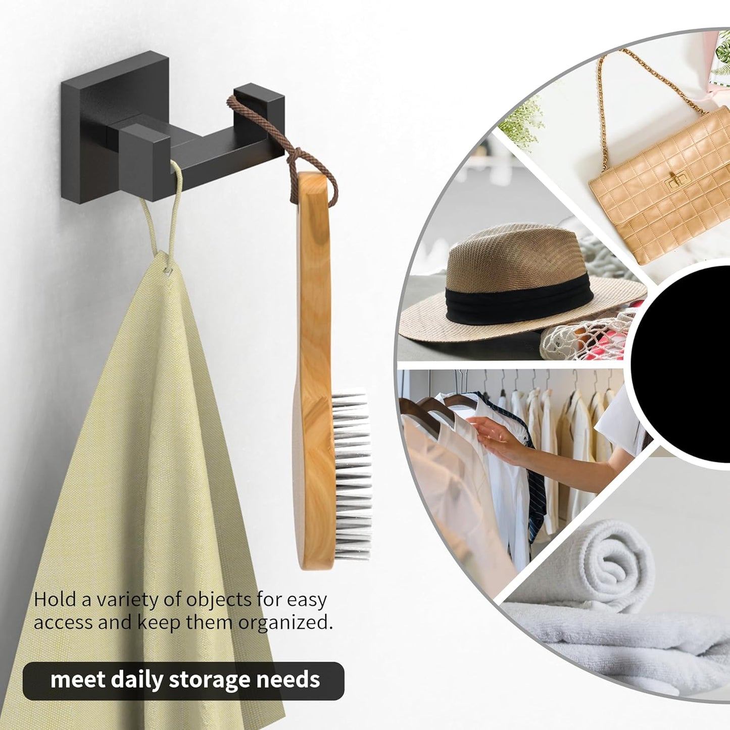 Ruacq Double Towel Hook Matte Black Square Base Bathroom Robe Towel Holder Hand Towel Hanger Stainless Steel Modern Wall Mounted