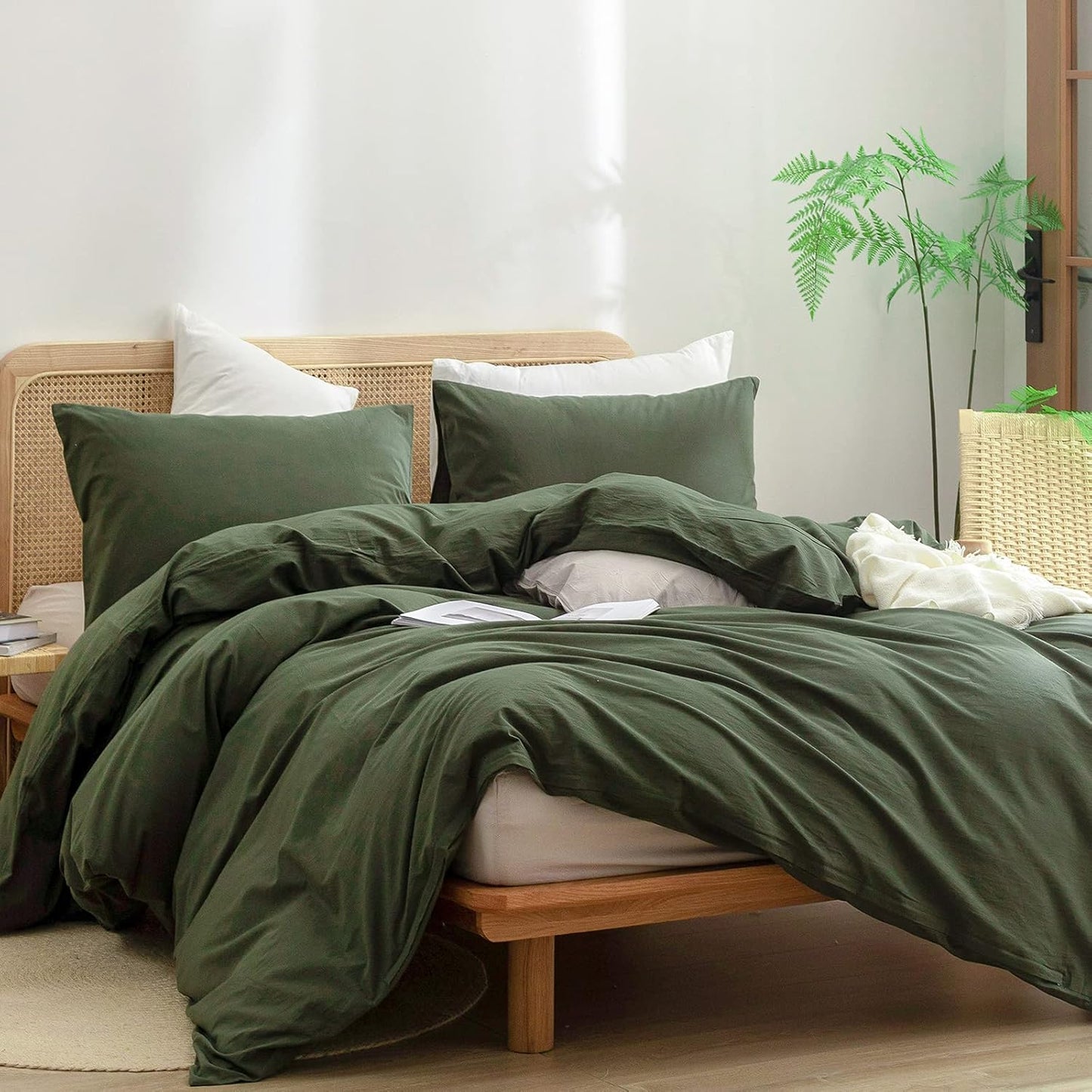 BESTOUCH Duvet Cover Set 100% Washed Cotton Linen Feel Super Soft Comfortable Chic Lightweight 2 PCs Home Bedding Set Solid Olive Green Twin/Twin XL