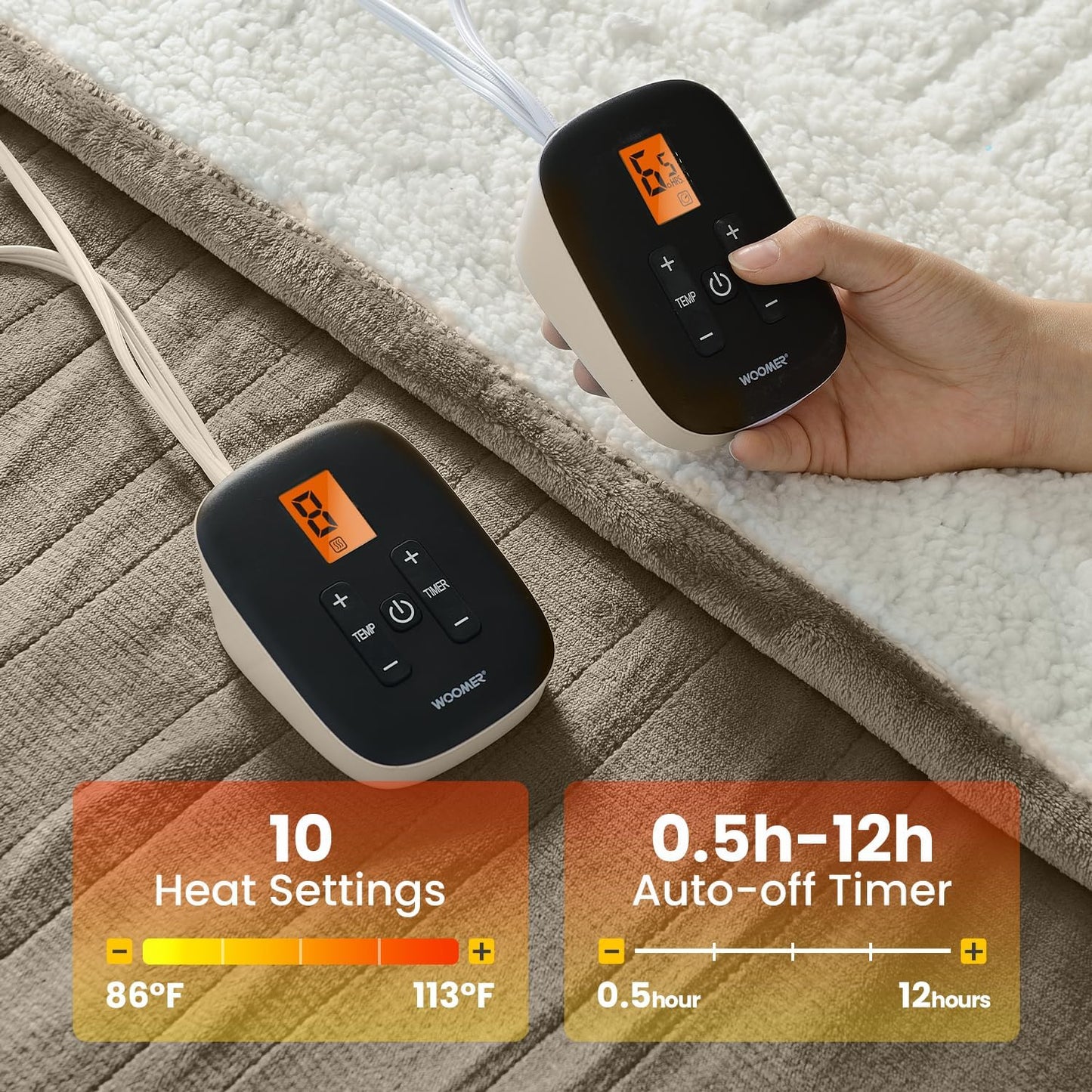WOOMER Heated Blanket King Size,Durable Flannel and Soft Sherpa,Dual Control,84” × 90” Electric Blanket, 10 Heat Levels&0.5-12h auto-Off, Overheat Protection,Energy Efficient