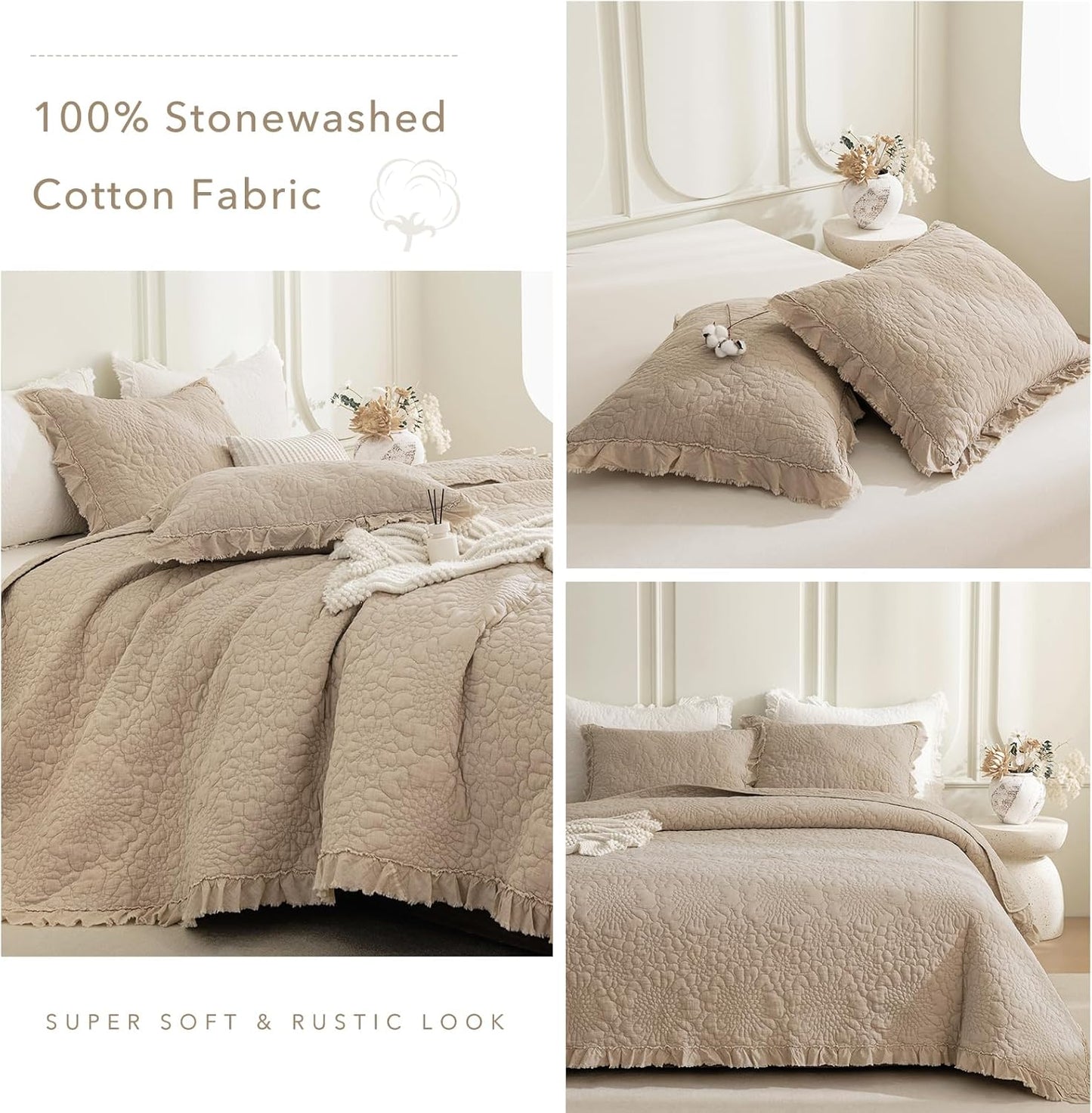 QSH Dark Wheat Stonewashed Cotton Oversized King Quilt Bedspread Set(128"x120"),3PCs Farmhouse Ruffled Bedspread California King,Shabby Soft Lightweight Crinkled Quilt Coverlet Bed with Pillow Shams