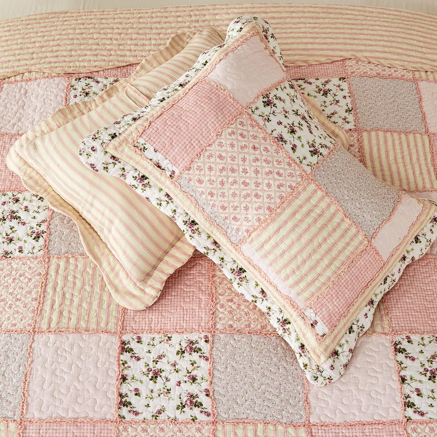 Cmfshape Floral Quilt Sets Bedspread Set 100% Cotton Patchwork Bedding Set, All Season Use Lightweight Reversible Coverlet Quilts with 2 Pillow Shams(King 106"x96")