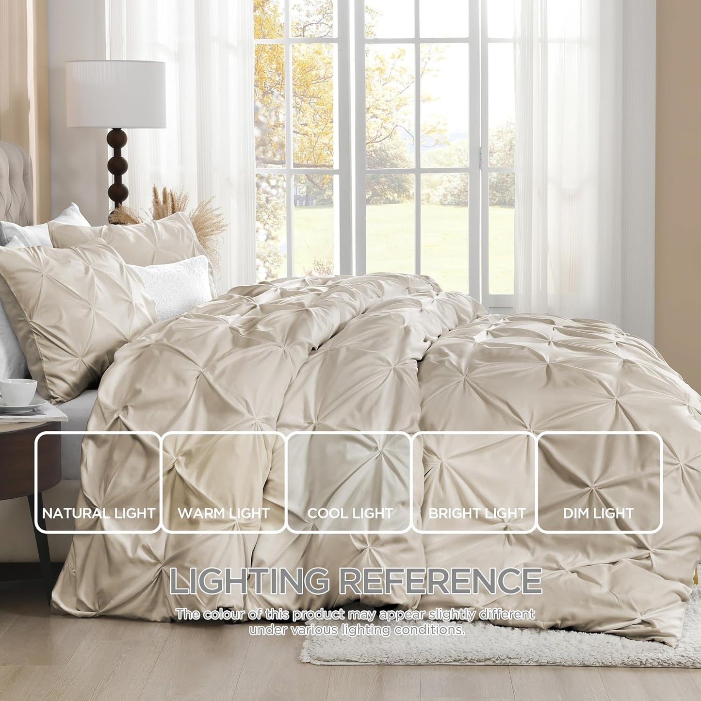 Litanika Oatmeal Pinch Pleat Duvet Cover Queen, 3 Pieces Pintuck Soft Microfiber Bedding Set with Zipper Closure & Corner Ties(90x90Inch-1 Duvet Cover, 2 Pillowcases)